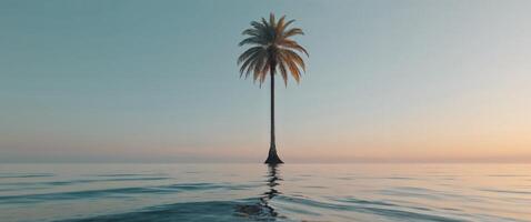 Serene coastal landscape featuring a solitary palm tree at sunset reflecting in calm water creating a tranquil scene. photo
