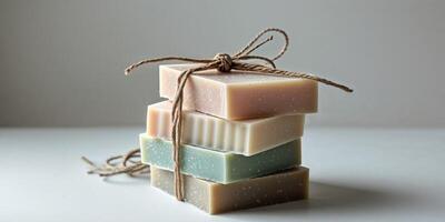 Aromatic handmade soap bars stacked and bound with twine for skincare routine photo