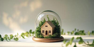 House in a glass dome on a table with green plants photo