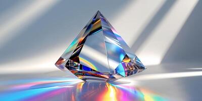 A crystal shaped object with a rainbow light shining on it photo