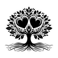 A black and white tree with two hearts in the middle vector