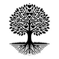 A black and white tree with roots and hearts vector