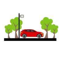 A red car is parked under a street light vector