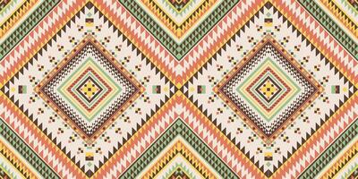 Native inspired seamless pattern with intricate diamond motifs in cream, coral, green and brown. Traditional geometric elements create an authentic ethnic design perfect for textiles and decor. vector