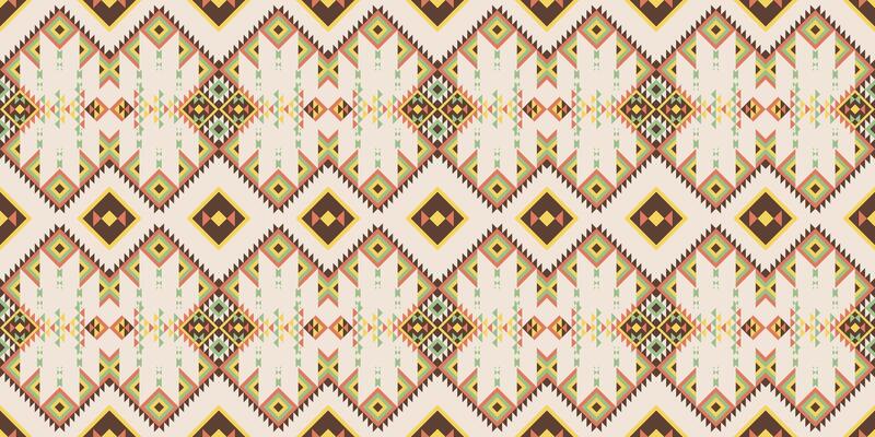 Tribal geometric seamless pattern with diamonds and zigzags in earthy colors. Beige background with brown, yellow, green accents. Ideal for textiles, decor, and boho designs.