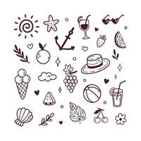 summer doodle set with fruits, drinks, beach elements in drawn style. Includes fruits, cocktails, beach icons, and tropical elements. vector