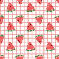 Seamless watermelon pattern with gingham background in cute hand drawn style vector