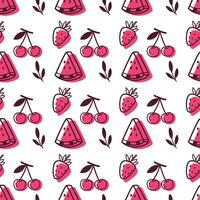 seamless fruit pattern with watermelon, strawberry and cherry. Fun and fruity design in flat doodle style. Perfect for summer, kids, and textile prints. vector