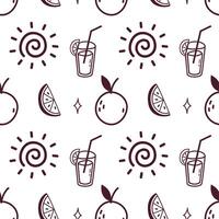 Seamless Citrus Summer Doodle Pattern with Oranges, Sun and Drinks vector