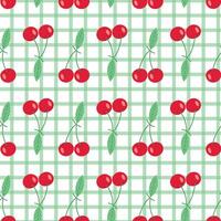 Seamless cherry pattern with green checkered background in hand drawn cute style vector