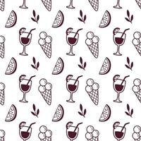 Seamless Summer Pattern with Ice Cream, Citrus Slices and Cocktails in Monochrome Doodle Style vector