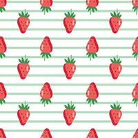 Seamless strawberry pattern on striped background in cute hand drawn style vector