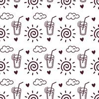 Seamless Summer Doodle Pattern with Sun, Clouds, Drinks and Hearts. Perfect for summer vibes and tropical designs. Great for textiles, wrapping, and digital use. vector