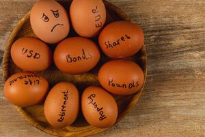 Investment concepts represented with eggs on a wooden plate photo