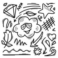 Hand drawn marker simple elements set. Doodle pen signs and effects. Simple star, glitter, heart, flower objects. Decorative pencil curved symbols and shape. vector