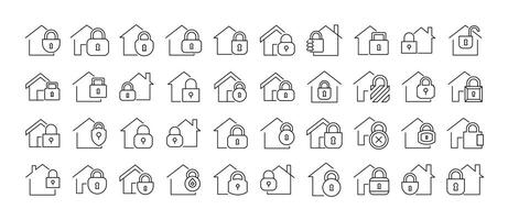 Collection of Line Icons of House with Lock. Minimalistic Linear Pictogram for Web and Graphic Design, Apps, Banners, Social Network and Cards vector