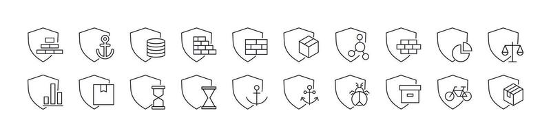 Box, Brick Wall, Anchor by Shield Line Icon Pack. Outline Signs for Graphic and Web Design, Apps, Adverts, Various Cards vector