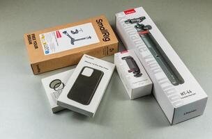 Lviv Ukraine 05.04.25 New photography accessories displayed on a table photo