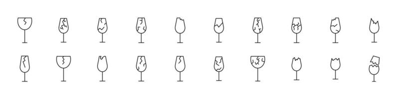 Broken Glass of Wine Line Icon Bundle. Minimalistic Linear Pictogram for Web and Graphic Design, Apps, Banners, Social Network and Cards vector