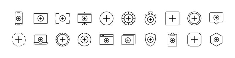 Plus or Add Bundle of Thin Icons. Editable Stroke. Perfect for Web Sites, Books, Cards, Apps vector