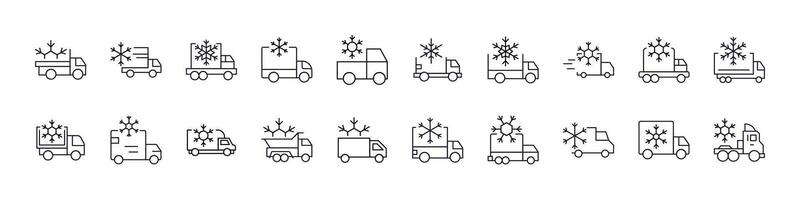 Collection of Delivery Truck with Snow Related Line Icons. Outline Signs for Graphic and Web Design, Apps, Adverts, Various Cards vector