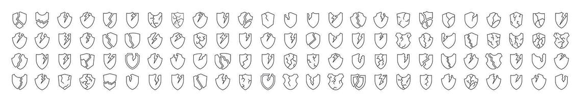 Broken Shield Line Icon Bundle. Outline Signs for Graphic and Web Design, Apps, Adverts, Various Cards vector