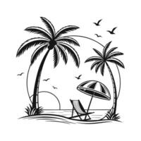 a black and white drawing of a beach with palm trees and a chair vector