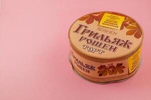 03.24.25 Lviv Ukraine Sweet chocolate dessert in a round container on a pink background photo