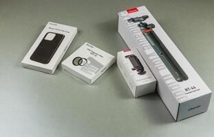 Lviv Ukraine 05.04.25 Camera accessories arranged on a flat surface for review photo