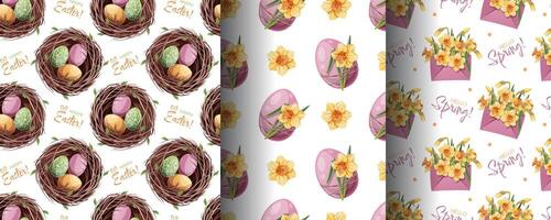 Happy Easter Seamless Pattern Set with Eggs in Nest and Daffodils. Spring Floral Background for Textiles, Wallpaper, Wrapping Paper and Holiday Decor. Cheerful Illustration vector