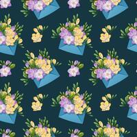 Seamless Pattern with Envelopes Filled with Freesia. Delicate Floral Texture with Spring Flowers. Perfect for Fabric, Wallpaper, Wrapping Paper, and Scrapbooking. Ideal for Spring-themed Designs vector