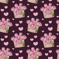 Seamless Pattern with Envelopes Filled with Pink Tulips. Delicate Floral Texture with Spring Flowers. Perfect for Fabric, Wallpaper, Wrapping Paper, and Scrapbooking. Easter and Spring Design. vector
