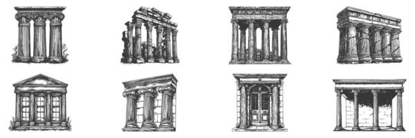 Ancient Greek And Roman Architectural Columns Illustration Set In Vintage Style. Classical Architecture And Historical Design Elements In Hand Drawn Sketch Style. Isolated Illustration vector