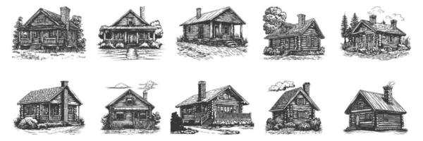 Rustic Log Cabin Illustrations Set In Vintage Style. Traditional Countryside Architecture And Cozy Retreats In Hand Drawn Sketch Style. Isolated Illustration vector