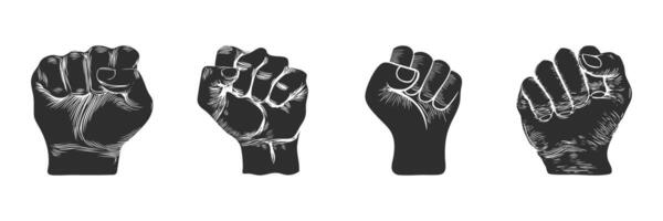 Fist Gesture Silhouette Set. Symbol Of Strength And Unity Isolated Illustration Collection vector