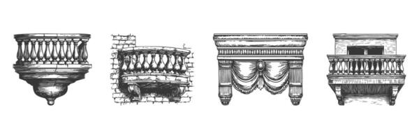 Vintage Balcony Design Illustration Set. Architectural Elements And Classic Style In Hand Drawn Sketch Style. Isolated Illustration vector