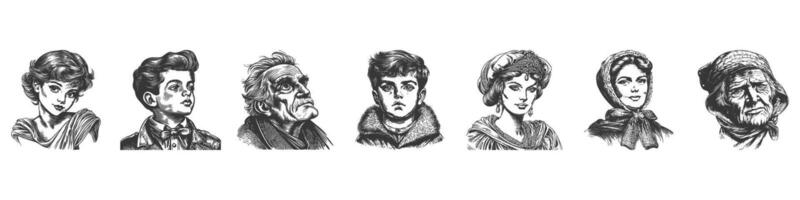 Vintage Portrait Collection Of Diverse Characters. Historical And Cultural Representation In Hand Drawn Sketch Style. Isolated Illustration vector