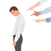 Man stands with his head down as several hands point accusingly at him, blame and social pressure. vector