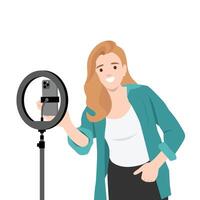Cheerful content creator adjusts her smartphone inside a ring light, preparing to record a . vector