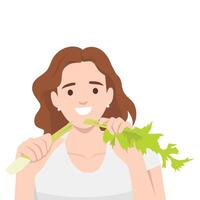 Joyful woman in a white top is taking a crunchy bite of celery. vector