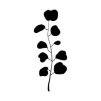 Simple hand drawn black silhouette of a eucalyptus branch. Botanical designe element. vector
