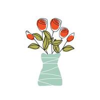 Illustration of a bouquet of flowers in a vase in handmade line art style. Red roses isolated on white background. vector