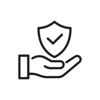 Line art of a hand holding a shield with a check mark inside the shield vector