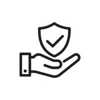 A hand holding a shield with a checkmark inside in a black line drawing vector
