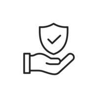 Hand holding a shield with a check mark inside in a line art illustration vector