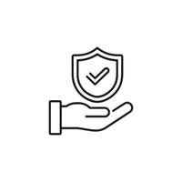 Hand holding a shield with a checkmark inside, presented in a line art style vector