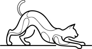 An elegant, minimalistic line art of a graceful cat stretching with its tail curled upward. vector
