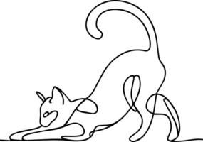 A minimalistic line art illustration of a graceful cat stretching with its tail curled upward vector