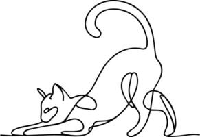 A minimalistic line art illustration of a graceful cat stretching with its tail curled upward. vector