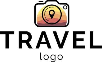 A travel logo design with camera and location icon vector